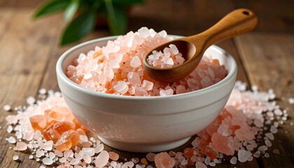 Pink Himalayan salt in bowl with wooden spoon