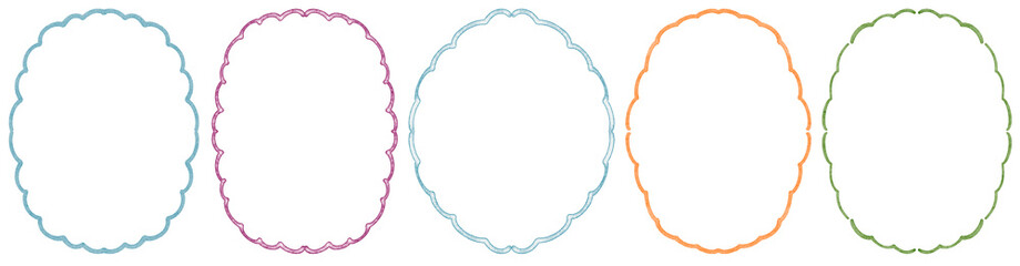 Set of oval hand drawn frames with decorative lines. Includes scalloped, wavy, and squiggly borders. Isolated sketch elements for invitations, cards, labels, posters, and templates.