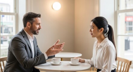 Man in suit gesturing while talking to asian woman at a cafe table with coffee cups present near window