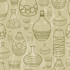 Seamless pattern with ancient Greek vases. Decorative seamless Vector illustration. Egyptian pattern. Antique ceramic art. Cartoon ethnic vintage decor.