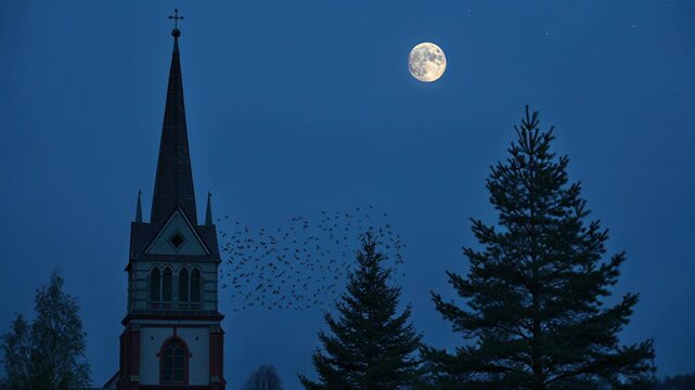 Gothic church steeple and evergreen trees silhouetted against a twilight sky with a crescent moon