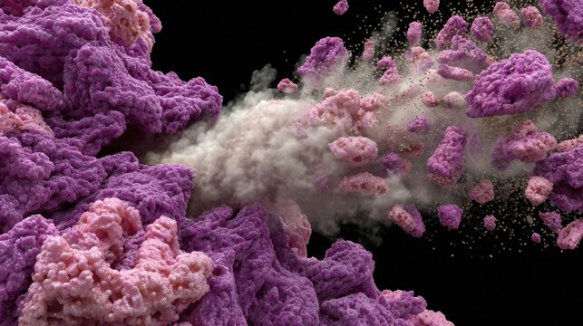 High detail 3D rendering showing mucus and allergens interacting in sinuses triggering an intense sneeze and cloudy expulsion.