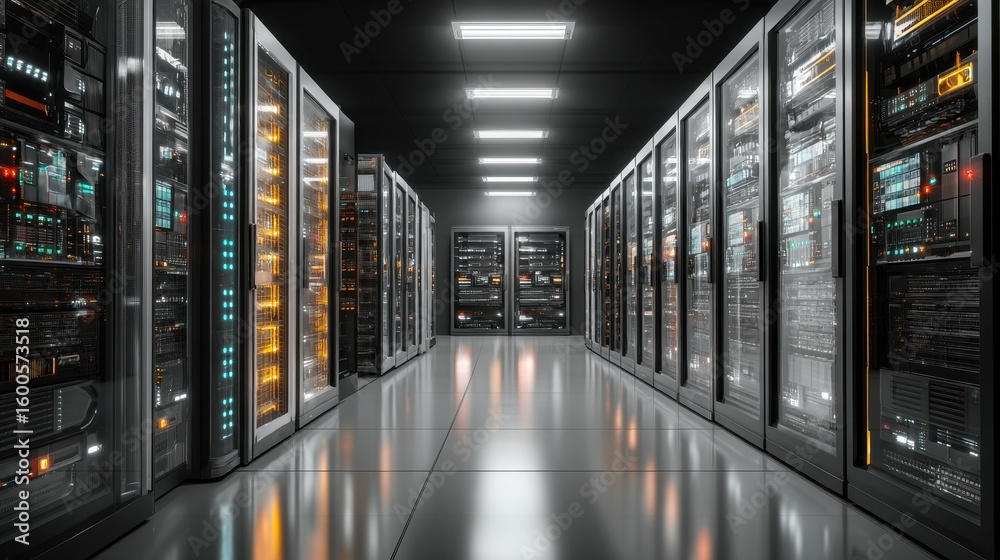 Poster inside a modern data center showing rows of server racks and blinking lights