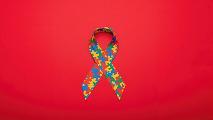 Top-down view of colorful puzzle ribbon on bright red background symbolizing autism awareness and support for the cause.