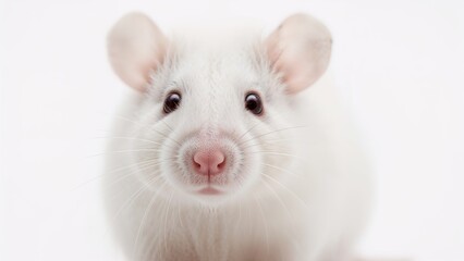 Fototapeta premium Close-up of a white albino mouse with pink eyes and ears on a bright white background highlighting its features and expression.