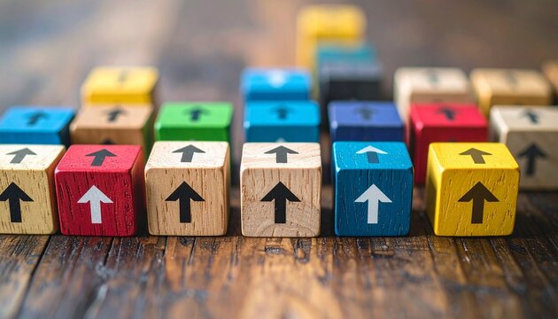 Directional Wooden Blocks with Multicolored Arrows – Symbol of Choice and Strategy