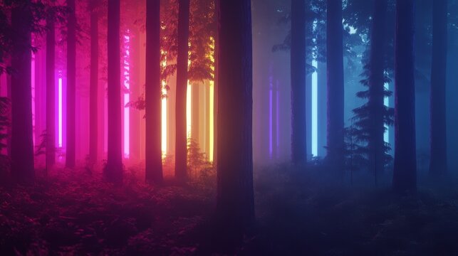 A mystical forest illuminated by neon lights. Vibrant colors reflect on the trees. Embrace the enchanting atmosphere of nature. Generative AI - Powered by Adobe