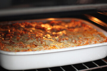Cooked hot lasagna. A single serving of lasagna served on a clean white plate, perfect for food photography or a simple meal setting