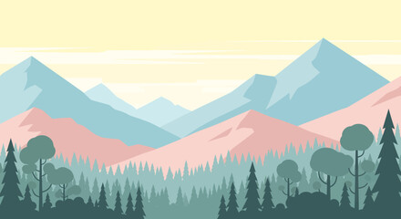 Stylized Mountain Range Landscape with Evergreen Forest and Pastel Sky.