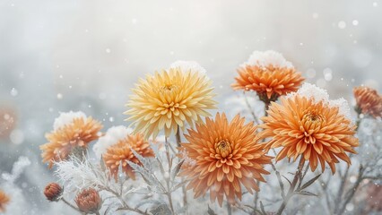 Obraz premium Frosty snowfall resting on autumn flowers