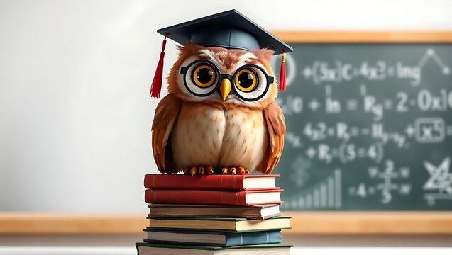An owl with glasses and a graduation cap sitting on a stack of books in front of a chalkboard - Powered by Adobe