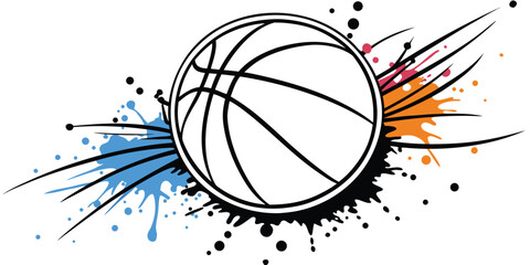 Dynamic basketball graphic with colorful paint splatters and energetic lines.eps