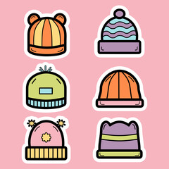 Set of cute winter hat hand drawn colorful illustration sticker collections