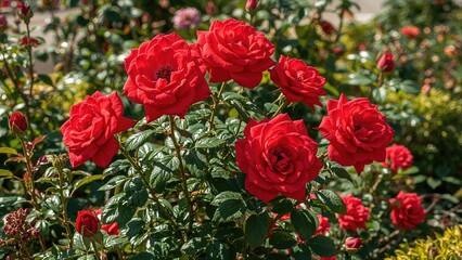 Fototapeta premium Radiant crimson roses opening in a cultivated garden
