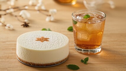 Iced tea accompanied by a traditional Japanese cheesecake