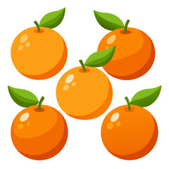 A vibrant arrangement of five cartoon oranges each adorned with a stem and two green leaves set against a clean white background in a visually