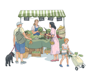 Farmers market scene with man and women buying fresh vegetables and fruits from local vendor. Market stall is filled with organic produce. use in eco-friendly, local food, farming, family lifestyle