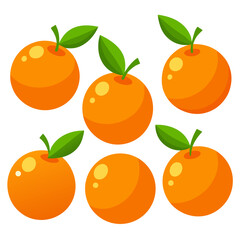 A vibrant arrangement of six stylized oranges each adorned with a pair of verdant leaves set against a clean white backdrop evoking a sense of