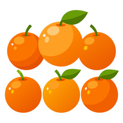 A vibrant collection of six stylized oranges each featuring a bright orange hue a small green stem and some also having a single green leaf