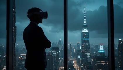 Vr headset metaverse business man looking at city skyline virtual reality technology concept