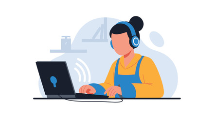 Person working on laptop with headphones, ideal for websites or blog posts about remote work, online communication, or customer service.