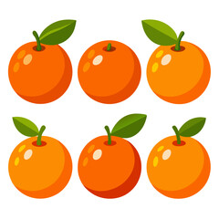 A vibrant and cheerful illustration showcasing six stylized oranges arranged in a grid some adorned with green leaves against a clean white background perfect for