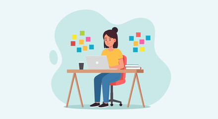 Young woman working on laptop, ideal for website banners, blog posts, and productivity articles.