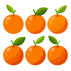 A collection of six vibrant orange fruit illustrations each adorned with a stem and two green leaves arranged in a neat grid pattern against a