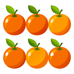 A collection of six vibrant cartoon style oranges each adorned with a single green leaf arranged in two rows against a clean white backdrop perfect