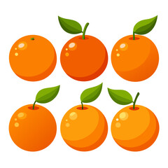 A collection of six vibrant cartoon oranges some adorned with green leaves arranged on a clean white background perfect for illustrations educational materials or graphic