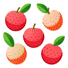 A vibrant illustration showcases five cartoon lychee fruits some whole with textured red skin and green leaves others peeled to reveal the white flesh all