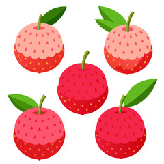 A vibrant collection of cartoon lychee fruits showcasing their unique textures and colors arranged against a clean white background perfect for illustrating tropical fruit themes