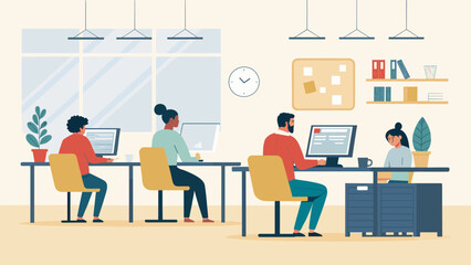 Diverse team working collaboratively in a modern office, ideal for website banners or company brochures.