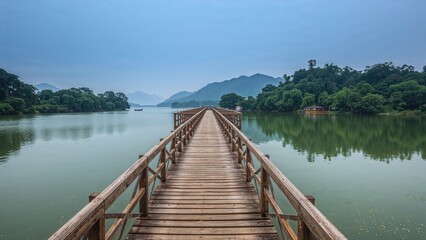 Scenic wooden footbridge over a bright green lake under a clear sky