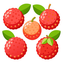 A vibrant illustration showcases five cartoon lychee fruits some adorned with green leaves arranged against a clean white backdrop creating a cheerful and inviting composition