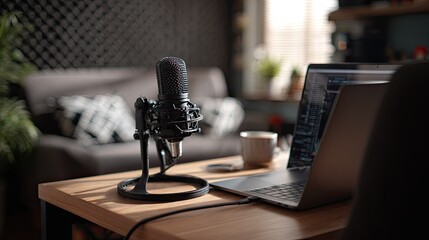 Home studio desk with microphone and laptop