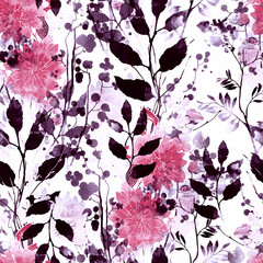 Vintage colored flowers and leaves. Boho chic floral seamless pattern, endless motif in watercolour and digital. Mixed media botanical design for textile, fabric, packaging, decoupage, souvenirs.