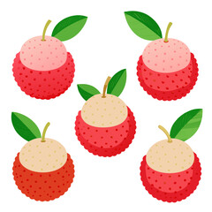 A vibrant collection of lychee fruits are scattered across a white background each adorned with green leaves showcasing their unique textured red shells and pale