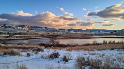 Fototapeta premium Winter landscape with a serene lake and mountains at sunset