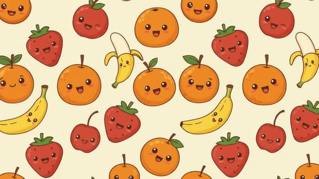 A cheerful pattern featuring cartoon oranges, strawberries, bananas, and apples with happy faces on a light beige background