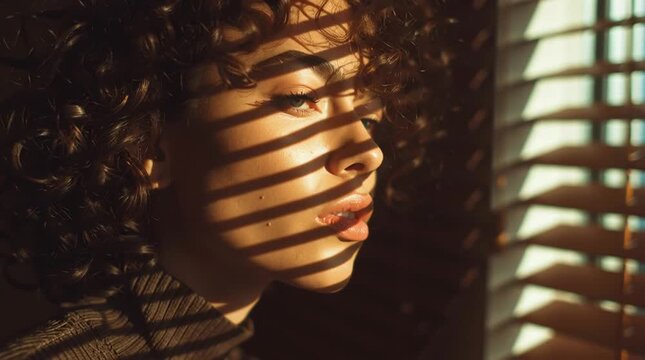 Portrait of a woman with curly hair looking through window blinds with sunlight casting shadows across her face
