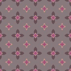 Soft gray background with pink and brown geometric floral motifs, stylish seamless design for fashion, textiles, and packaging.