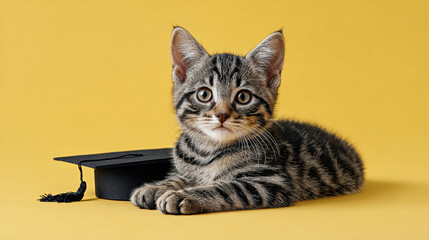 Cute tabby kitten with striped fur lying down next to black graduation cap on yellow background, creating charming and playful academic scene