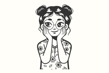 Smiling girl with space buns and glasses rests her face with hands