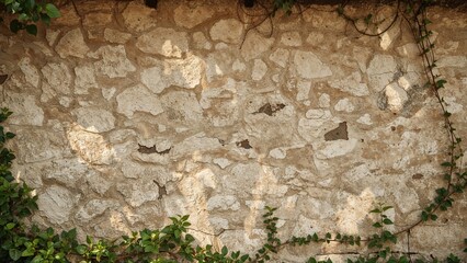 Aged rustic stone wall texture with creeping green vines and natural shadows creating a weathered appearance on the surface.