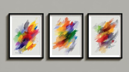 Modern interior design, three framed abstract paintings on a gallery wall three