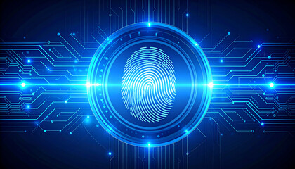 A digital fingerprint surrounded by futuristic circuitry, representing biometric security and technology in a modern context