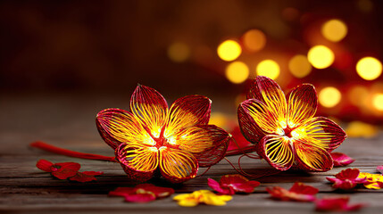 Golden star lanterns glowing against red silk, with scattered chrysanthemum petals for a festive touch.