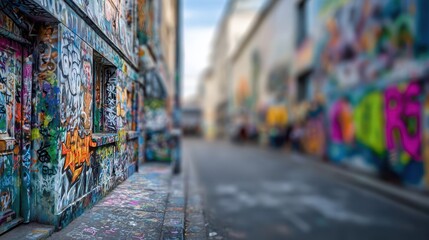 Fototapeta premium Graffiti-covered walls line a narrow city street.