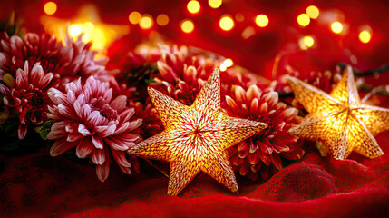 Golden star lanterns glowing against red silk, with scattered chrysanthemum petals for a festive touch.